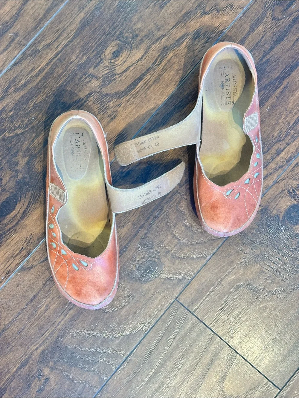 Leather Mary Jane Flats in Coral-Tan with Strap